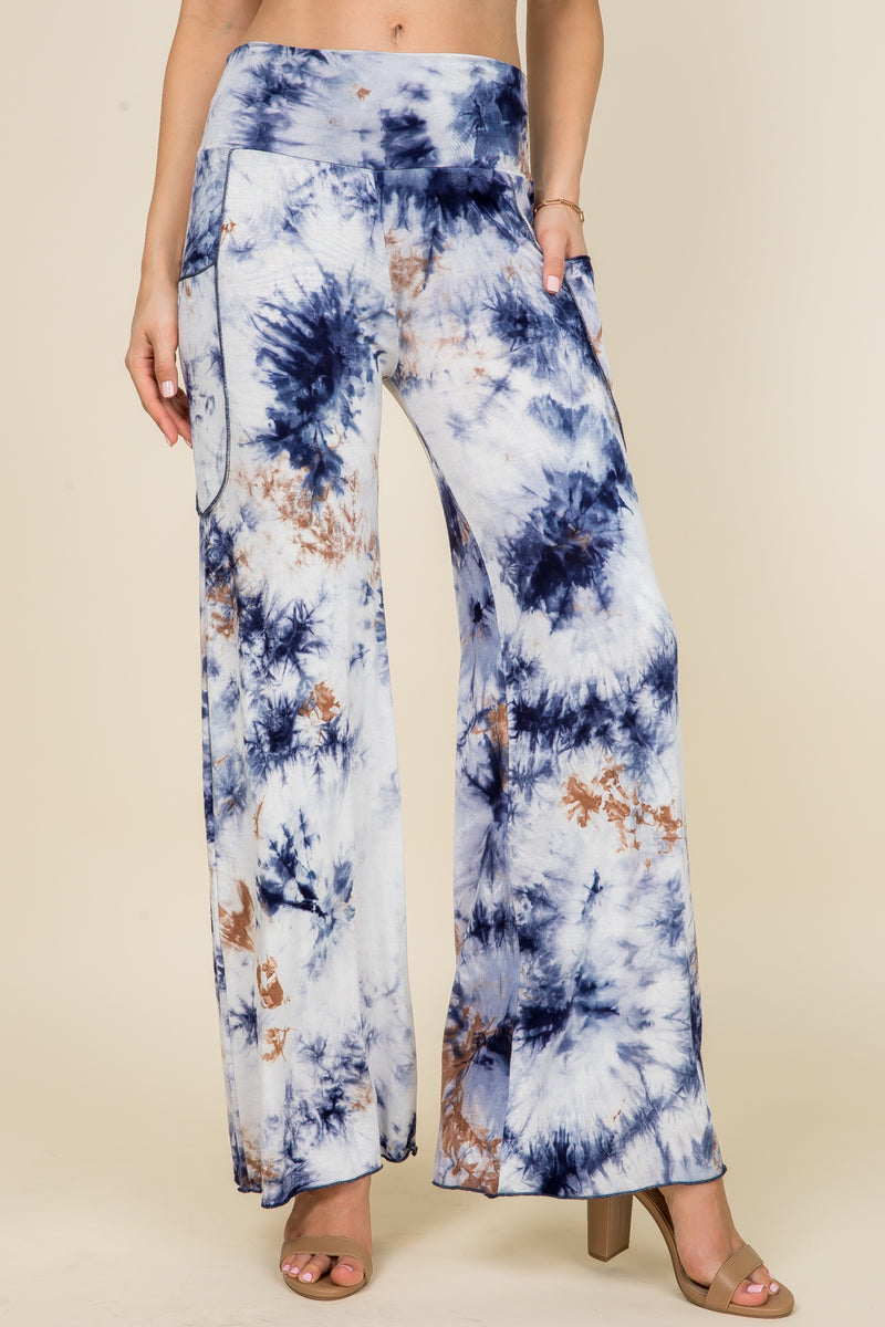 Navy Tie Dye Wide Leg Palazzo Pants - Front