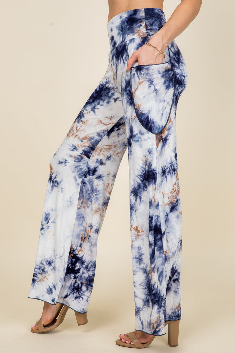 Navy Tie Dye Wide Leg Palazzo Pants - Side