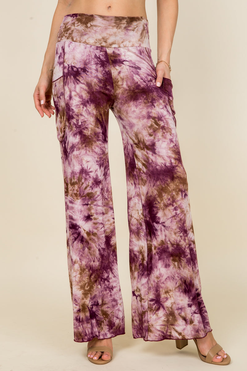 Burgundy Tie Dye Wide Leg Palazzo Pants - Front