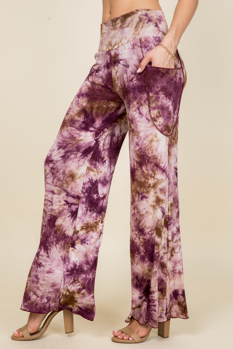 Burgundy Tie Dye Wide Leg Palazzo Pants - Side