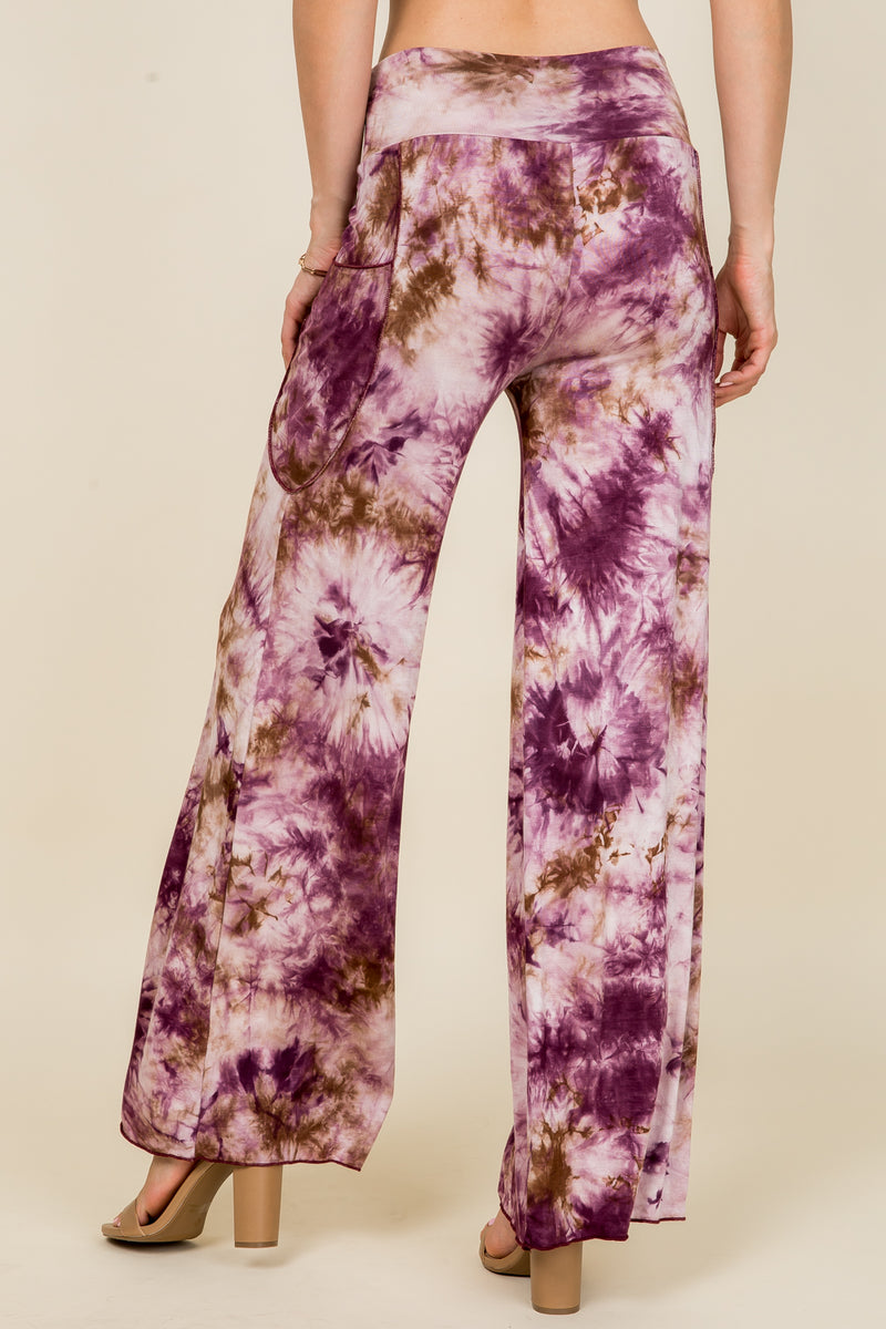 Burgundy Tie Dye Wide Leg Palazzo Pants - Back