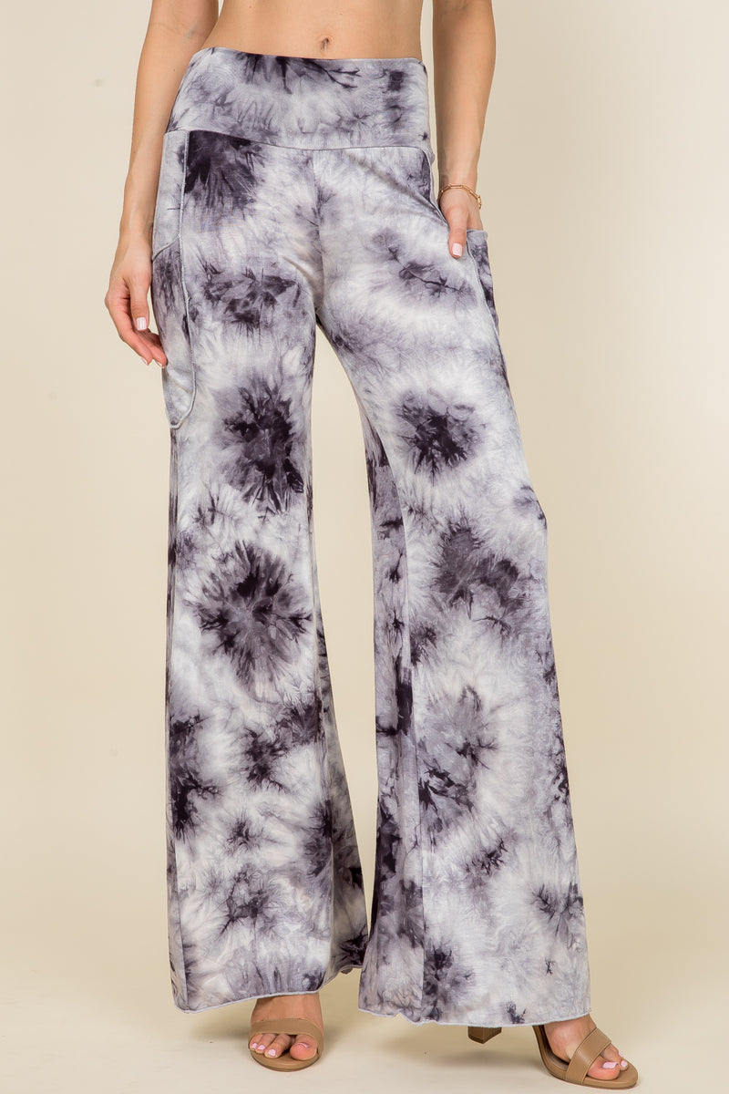 Black/White Tie Dye Wide Leg Palazzo Pants - Front