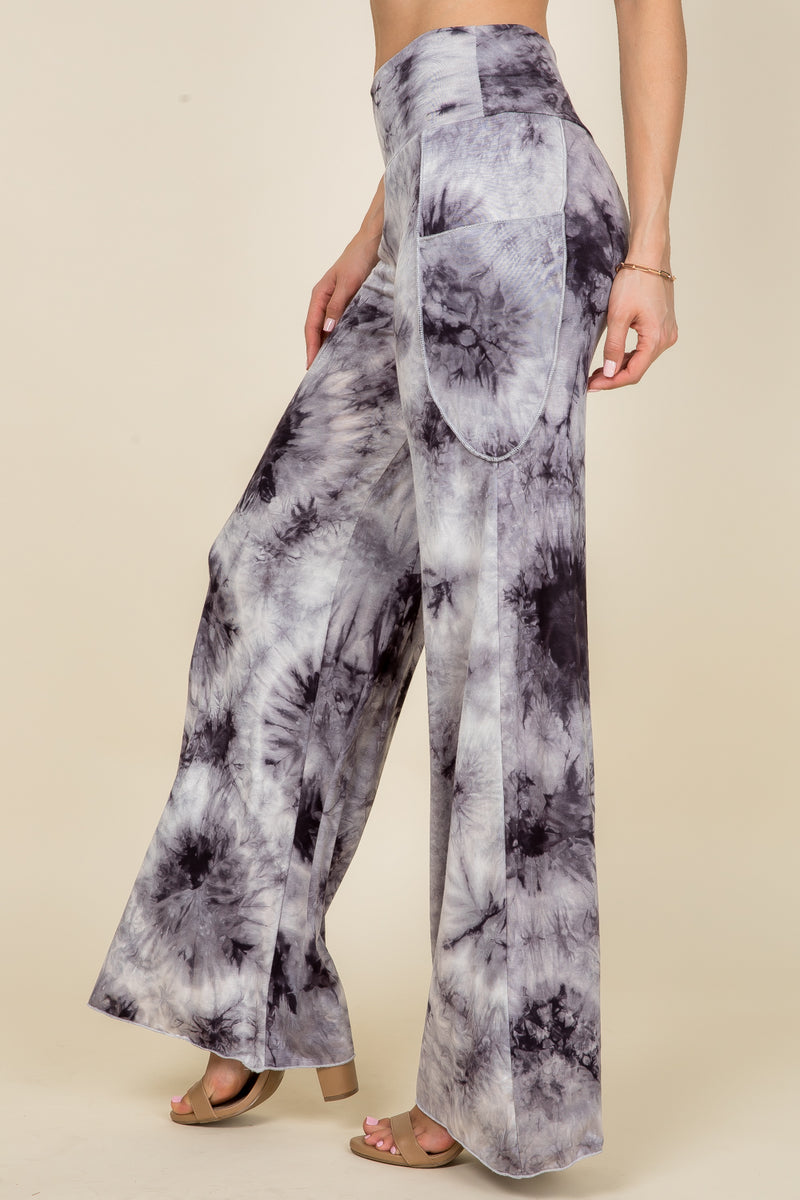 Black/White Tie Dye Wide Leg Palazzo Pants - Side