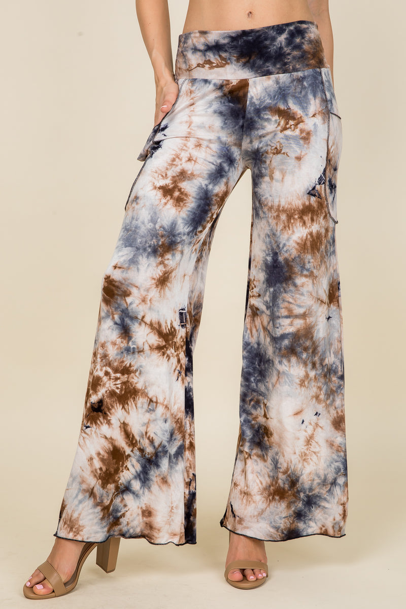 Dark Navy Tie Dye Wide Leg Palazzo Pants - Front