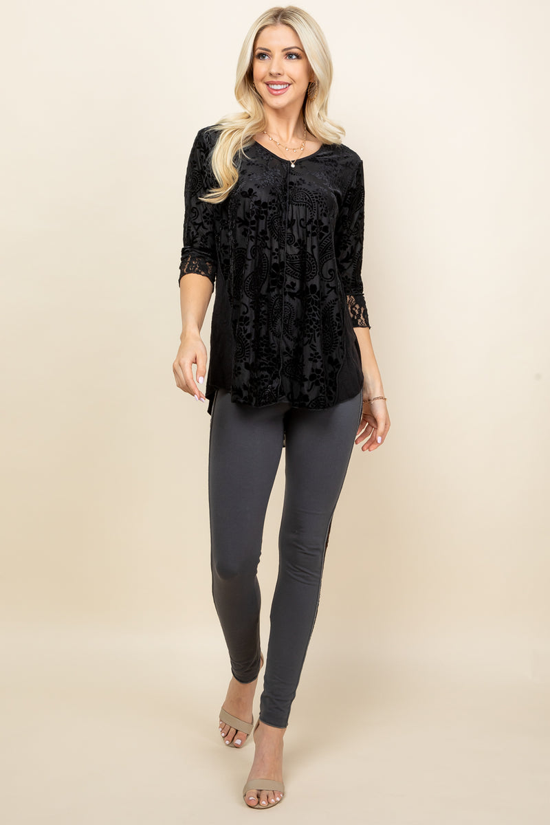 Black Ella Burnout Paisley Velvet Tunic Top - Full