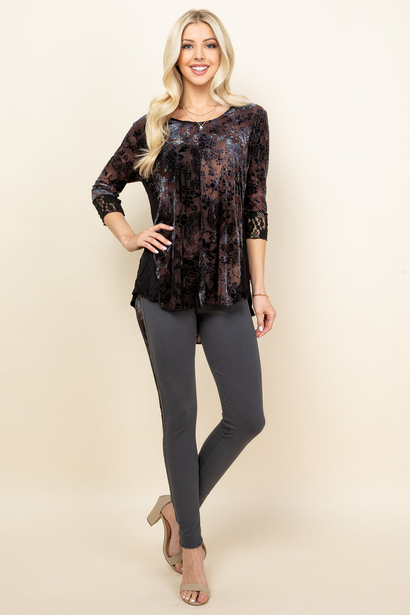 Brown Ella Burnout Paisley Velvet Tunic Top - Full