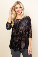 Brown Ella Burnout Paisley Velvet Tunic Top - Front