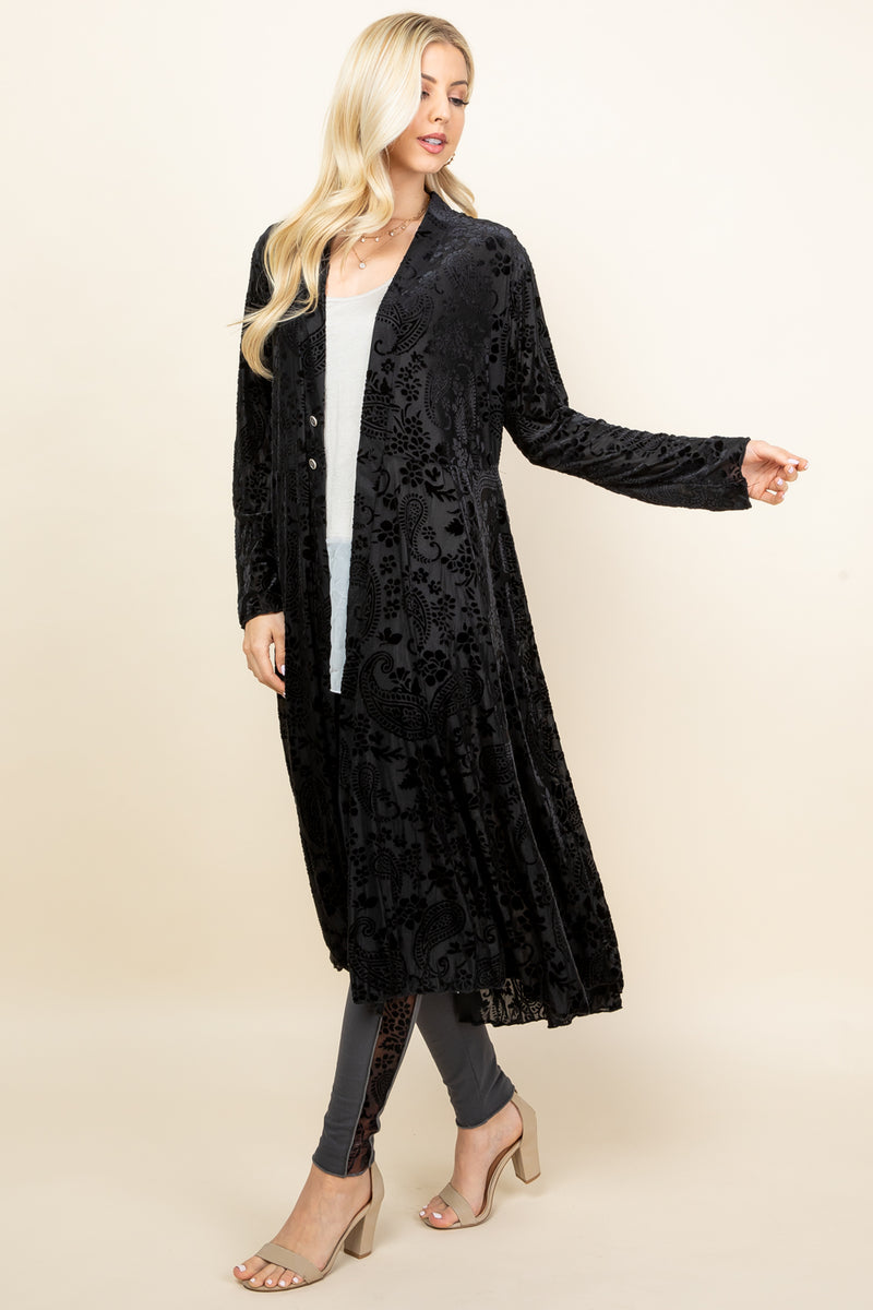 Black Chloe Burnout Paisley Velvet Long Jacket - Front