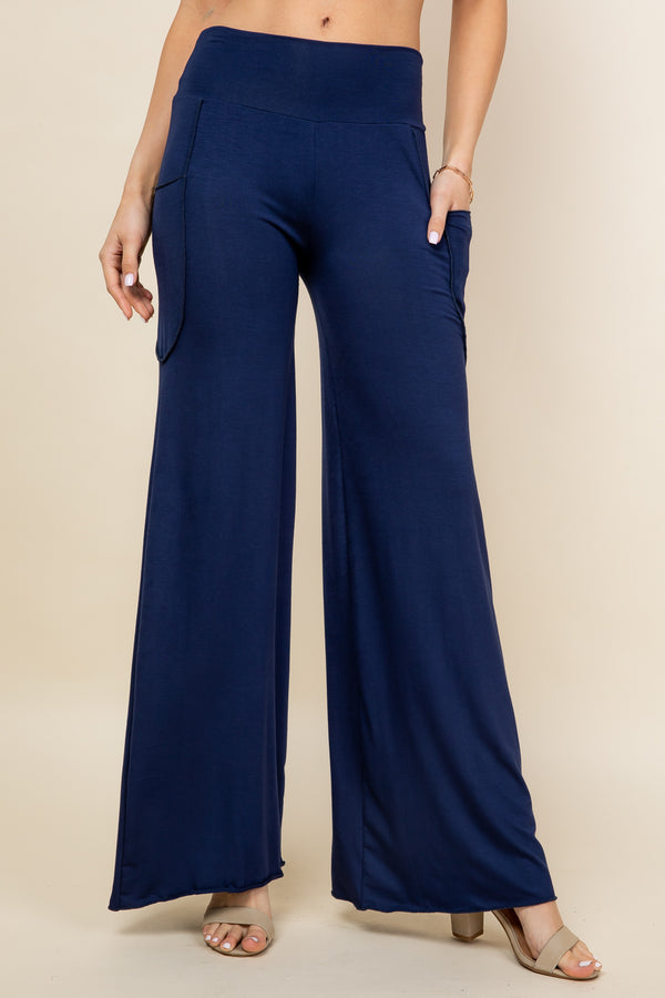 Navy Blue Wide Leg Palazzo Pants - Front