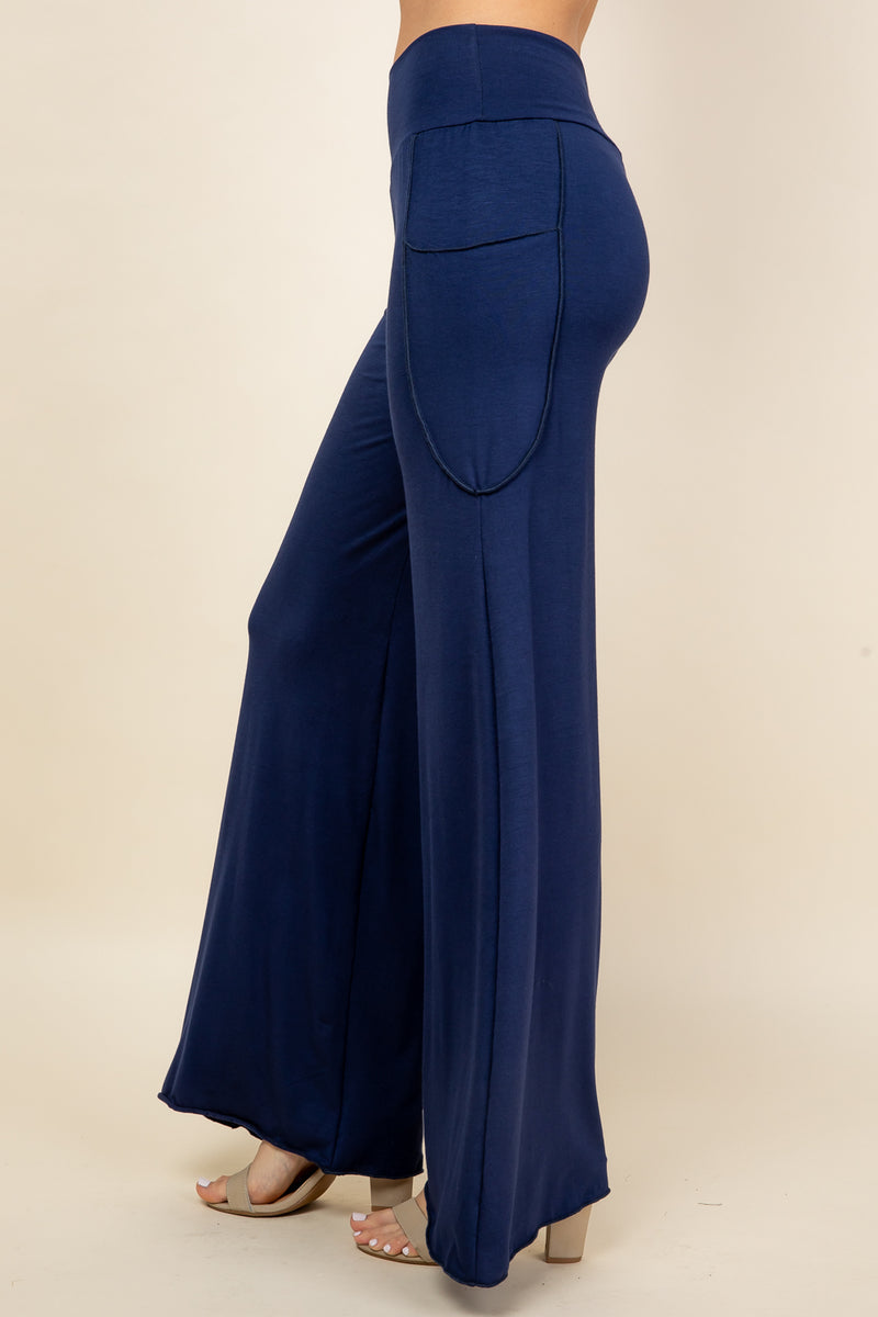 Navy Blue Wide Leg Palazzo Pants - Side