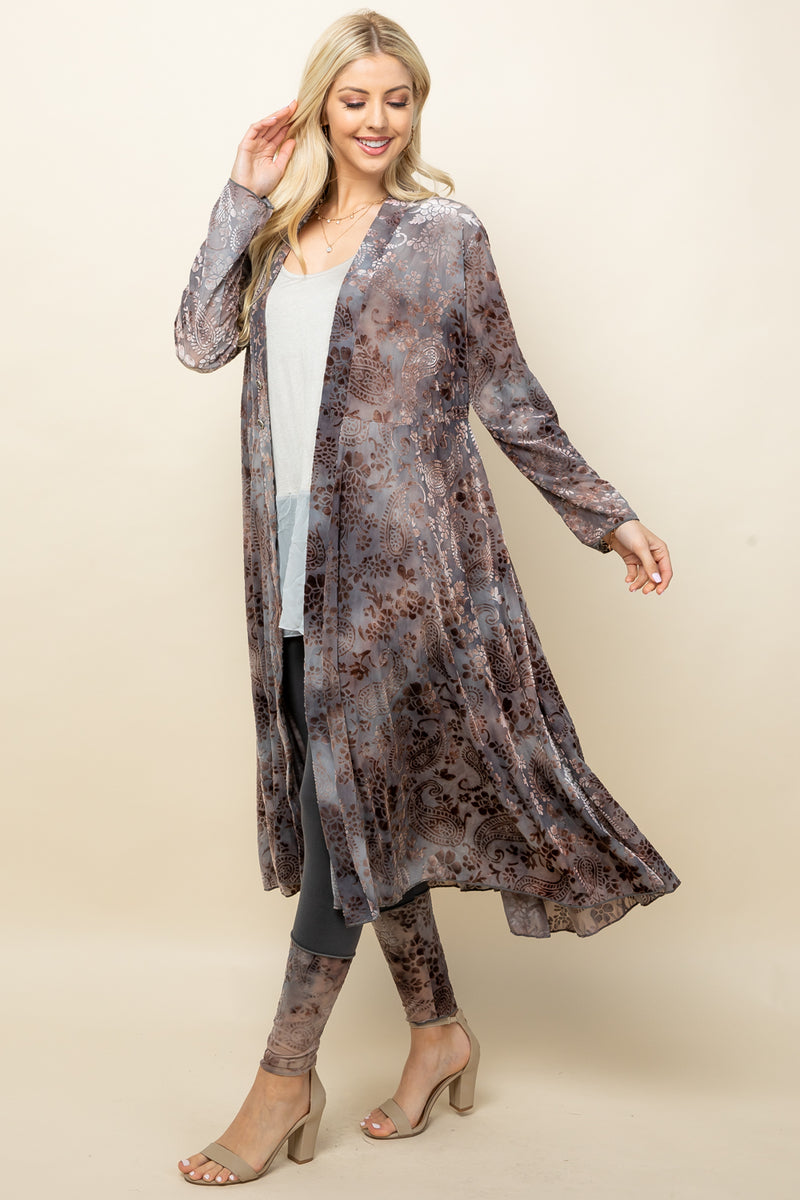 Light Grey Chloe Burnout Paisley Velvet Long Jacket - Front