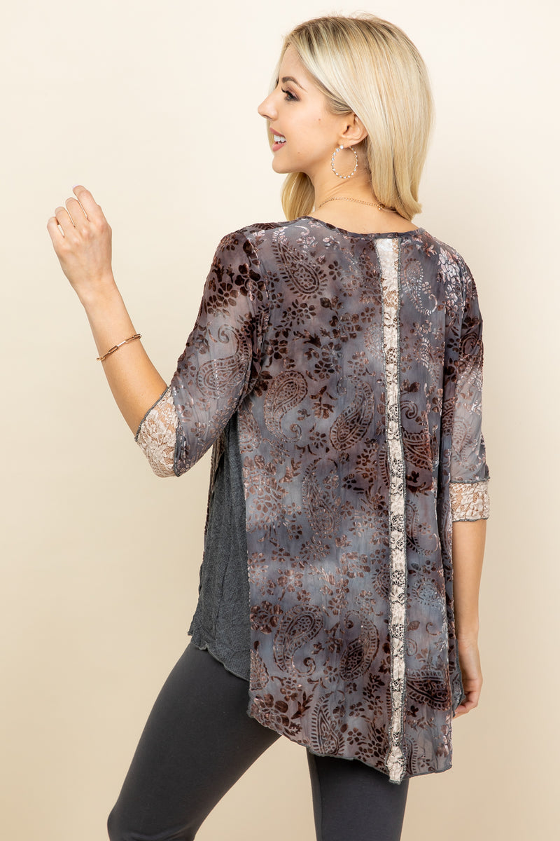 Light Grey Ella Burnout Paisley Velvet Tunic Top - Back