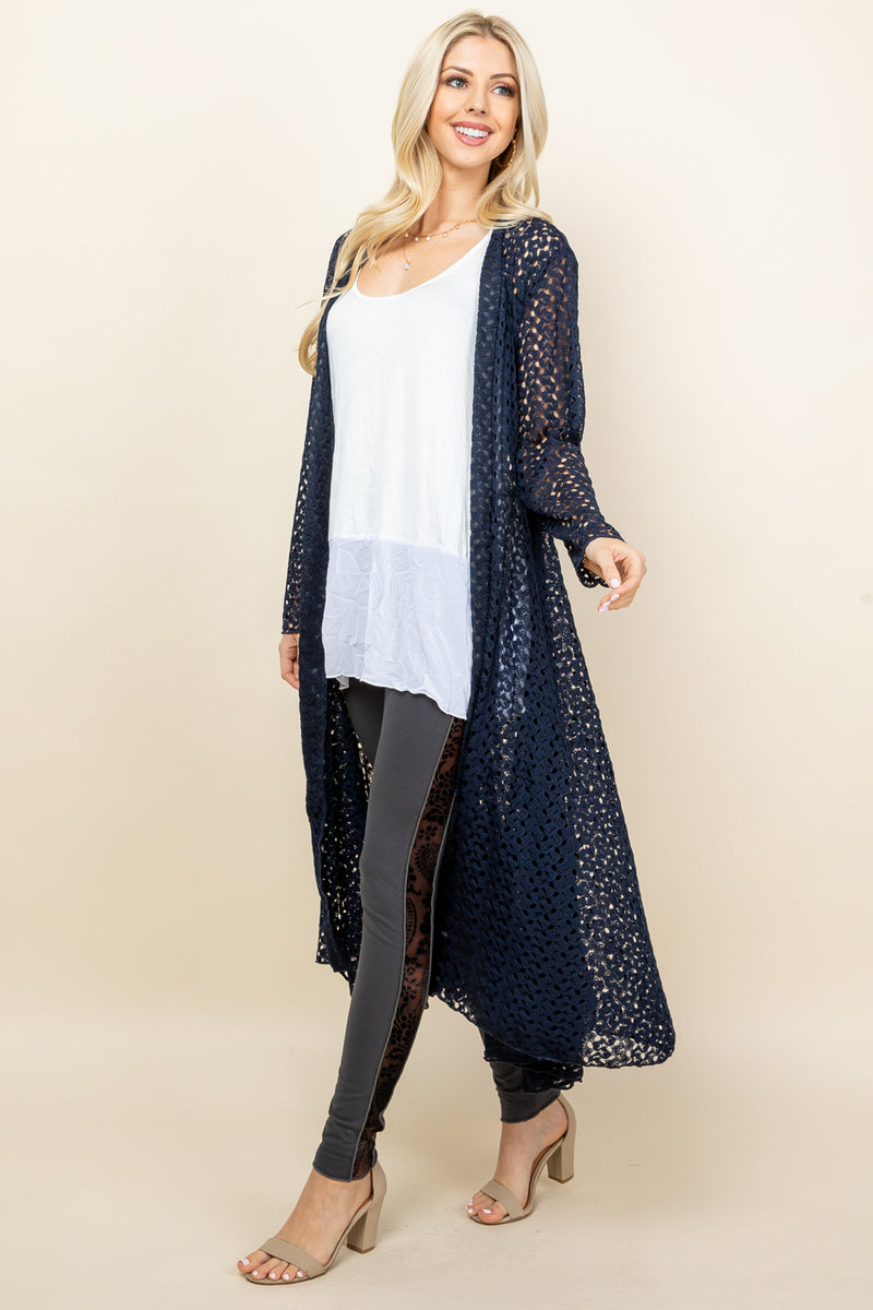 Navy Crochet Lace Long Jacket - Side