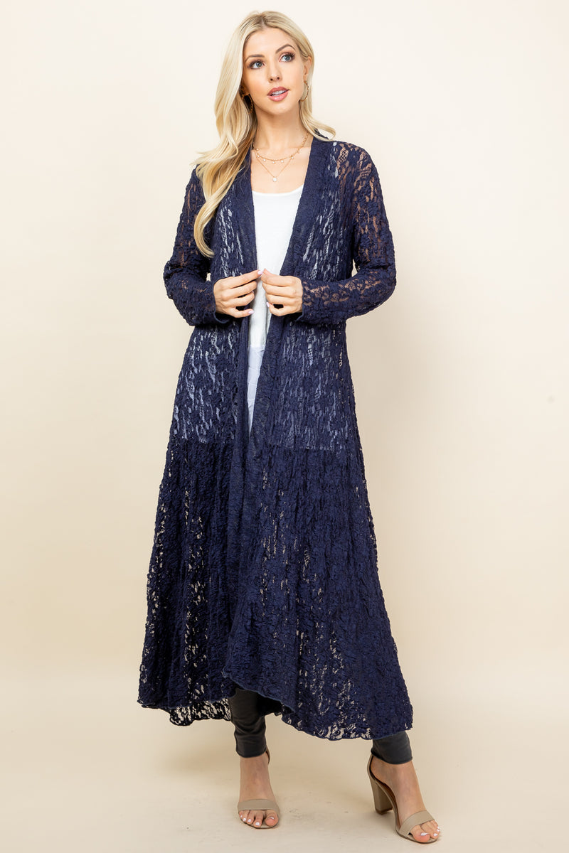 Navy Blue Lace Long Pucker Jacket - Front