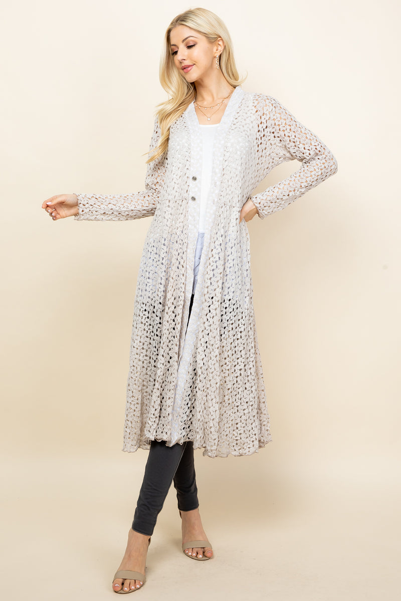 Oatmeal Crochet Lace Long Jacket - Full