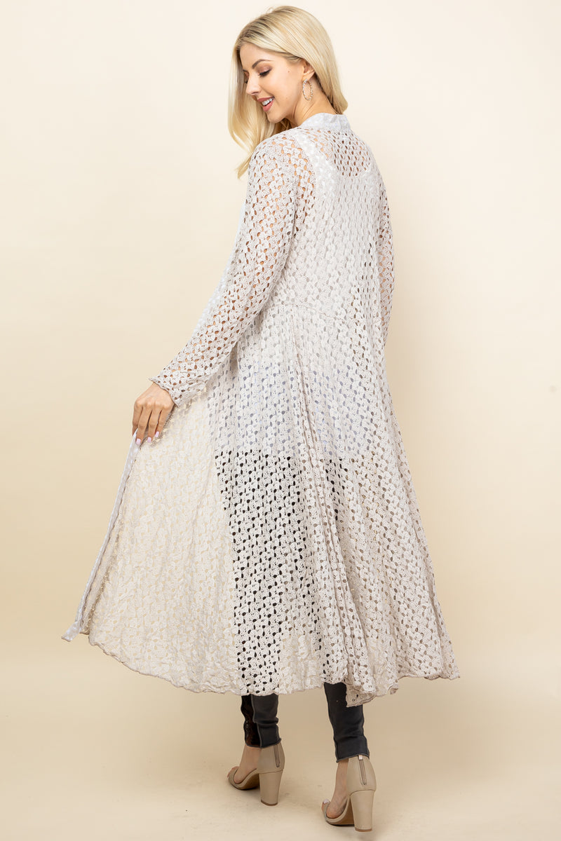 Oatmeal Crochet Lace Long Jacket - Back