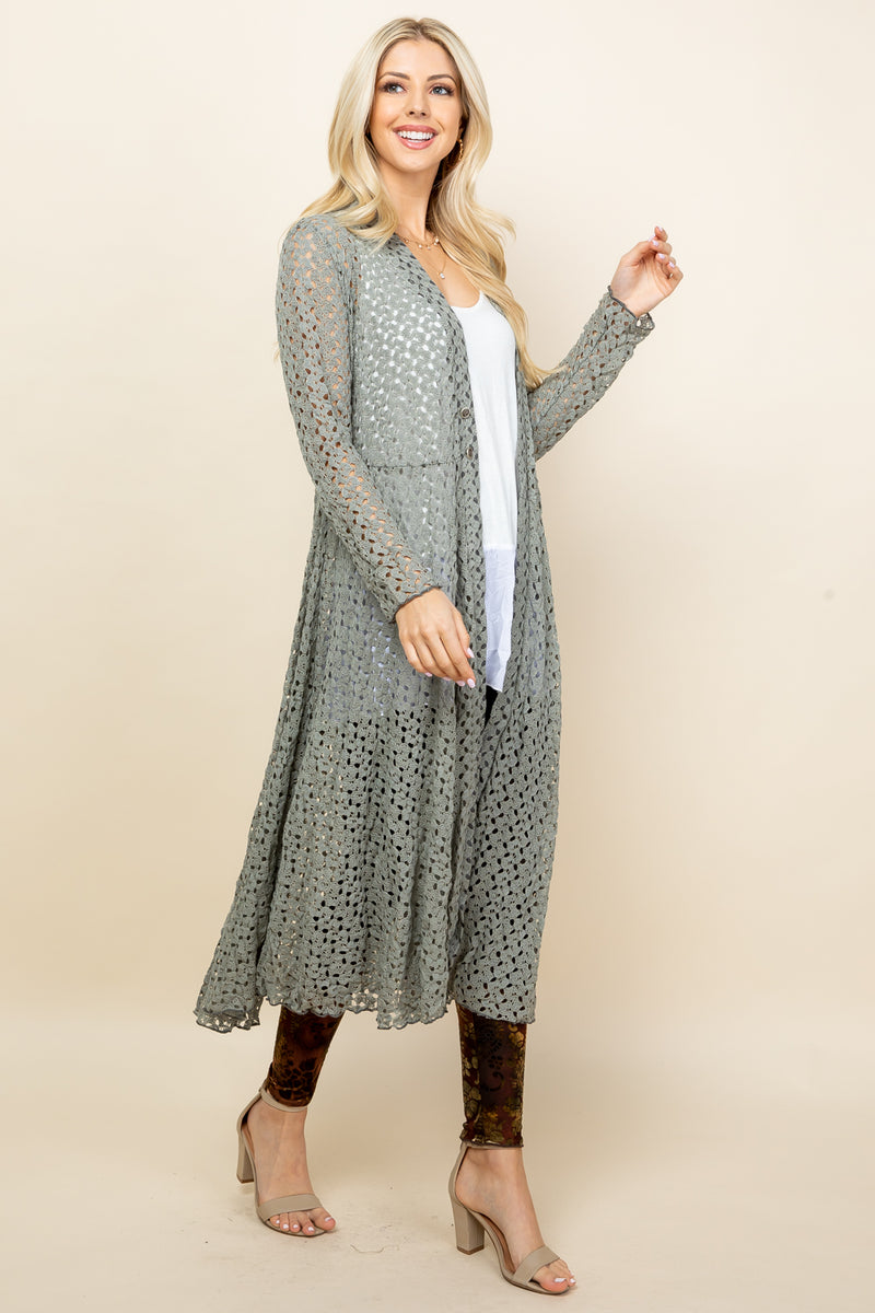 Sage Crochet Lace Long Jacket - Side